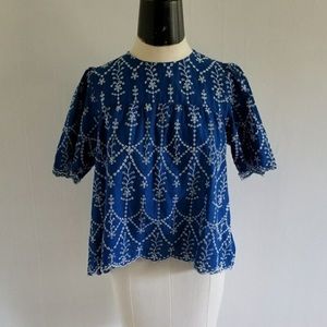 Zara Eyelit Lace Blue Swing Top LARGE